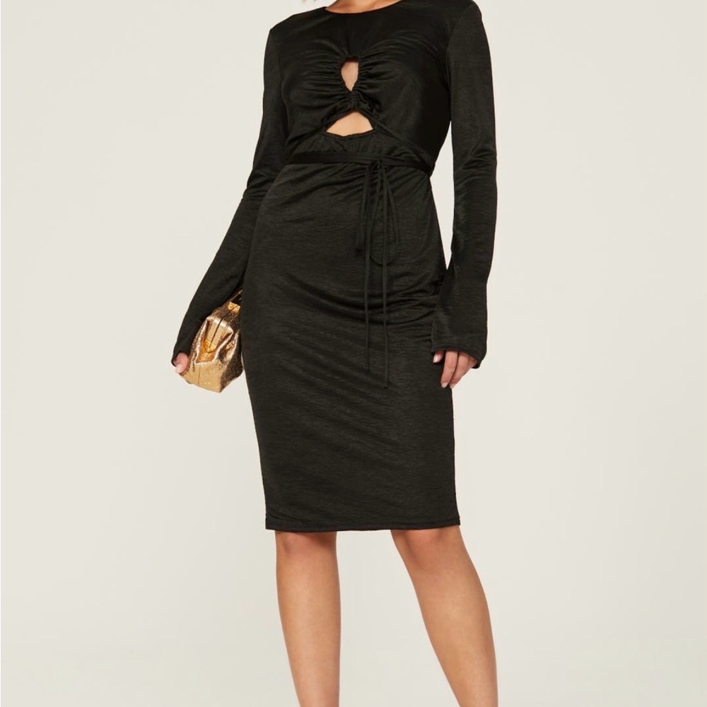 Bodycon LBD Black Midi Dress with Tie, Cut Out & Bell Sleeve Size XS